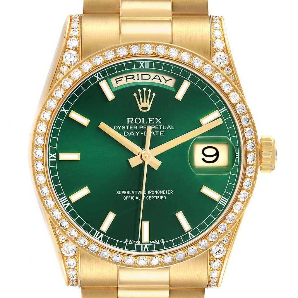 President Day-Date (Reference 118388). A 36mm yellow gold diamond-set automatic wristwatch with date and day. 2010