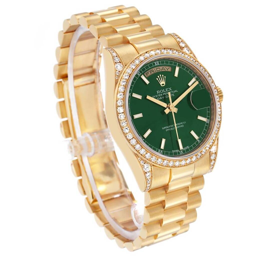 President Day-Date (Reference 118388). A 36mm yellow gold diamond-set automatic wristwatch with date and day. 2010