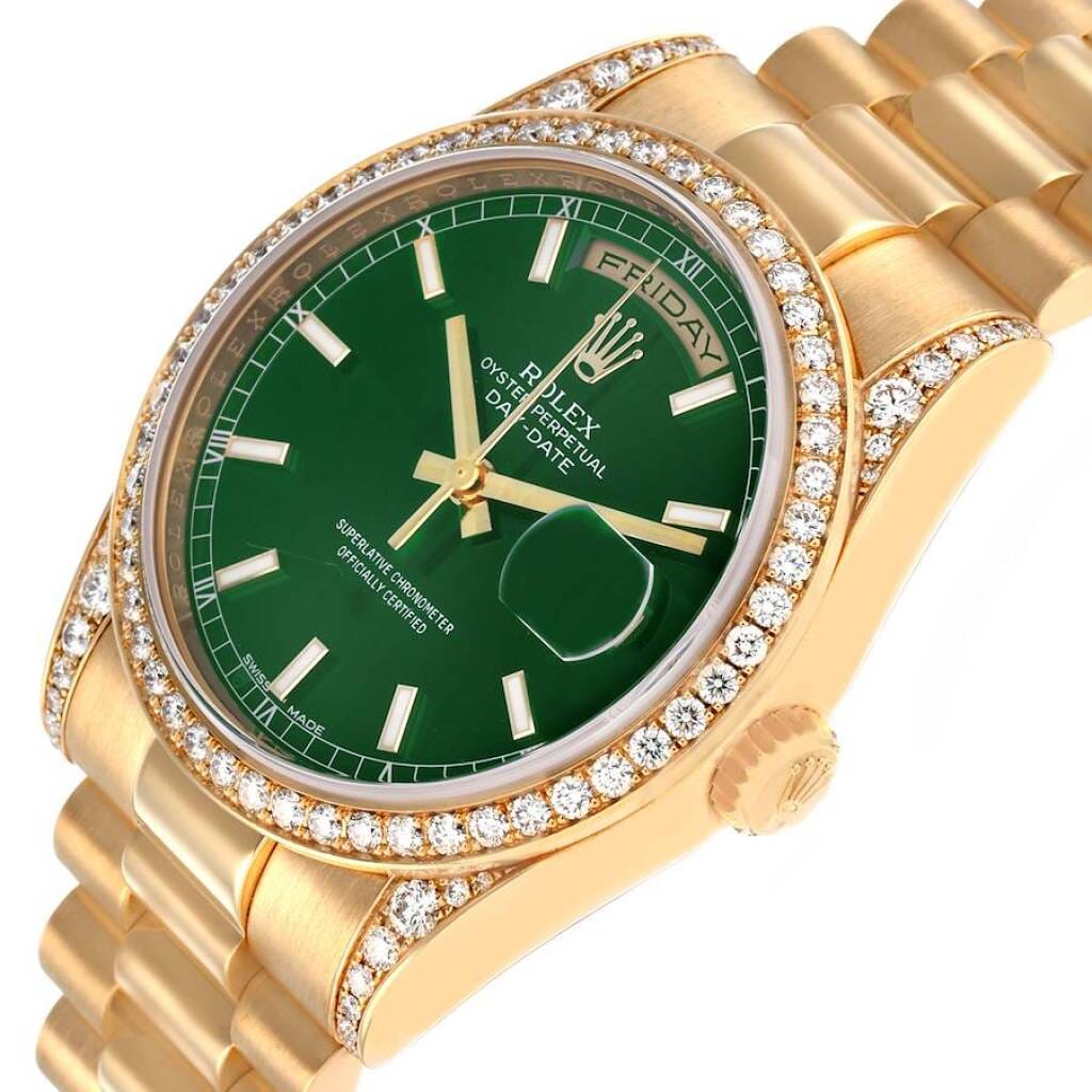 President Day-Date (Reference 118388). A 36mm yellow gold diamond-set automatic wristwatch with date and day. 2010