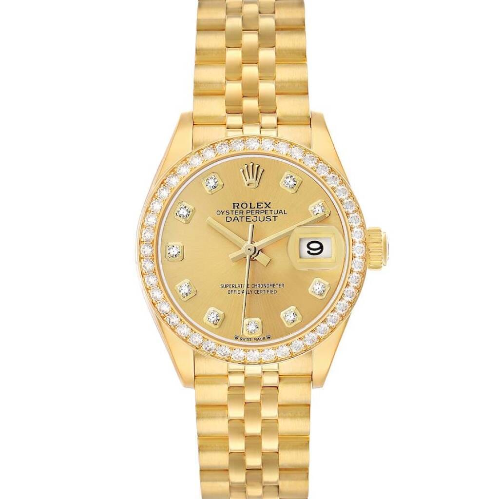 President Datejust (Reference 279138). A 28mm yellow gold diamond-set automatic wristwatch with date.