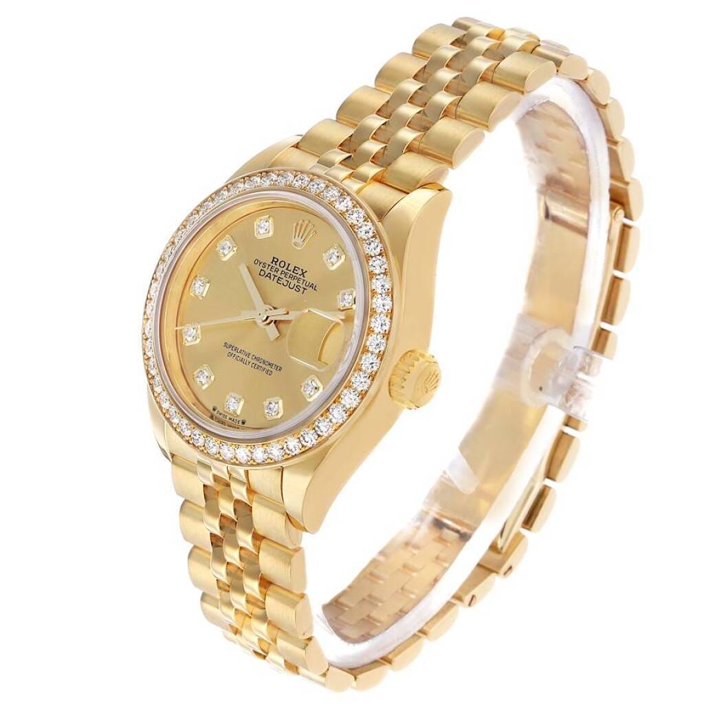 President Datejust (Reference 279138). A 28mm yellow gold diamond-set automatic wristwatch with date.