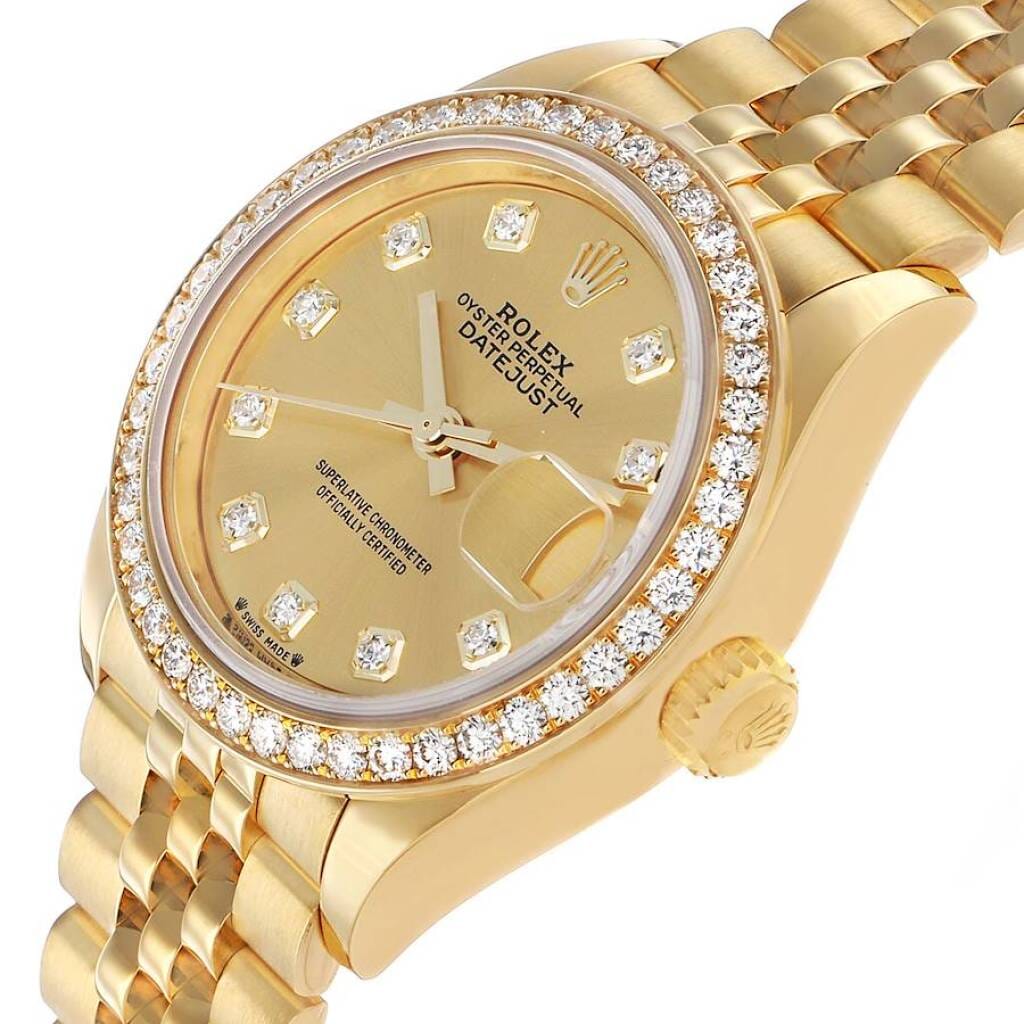 President Datejust (Reference 279138). A 28mm yellow gold diamond-set automatic wristwatch with date.