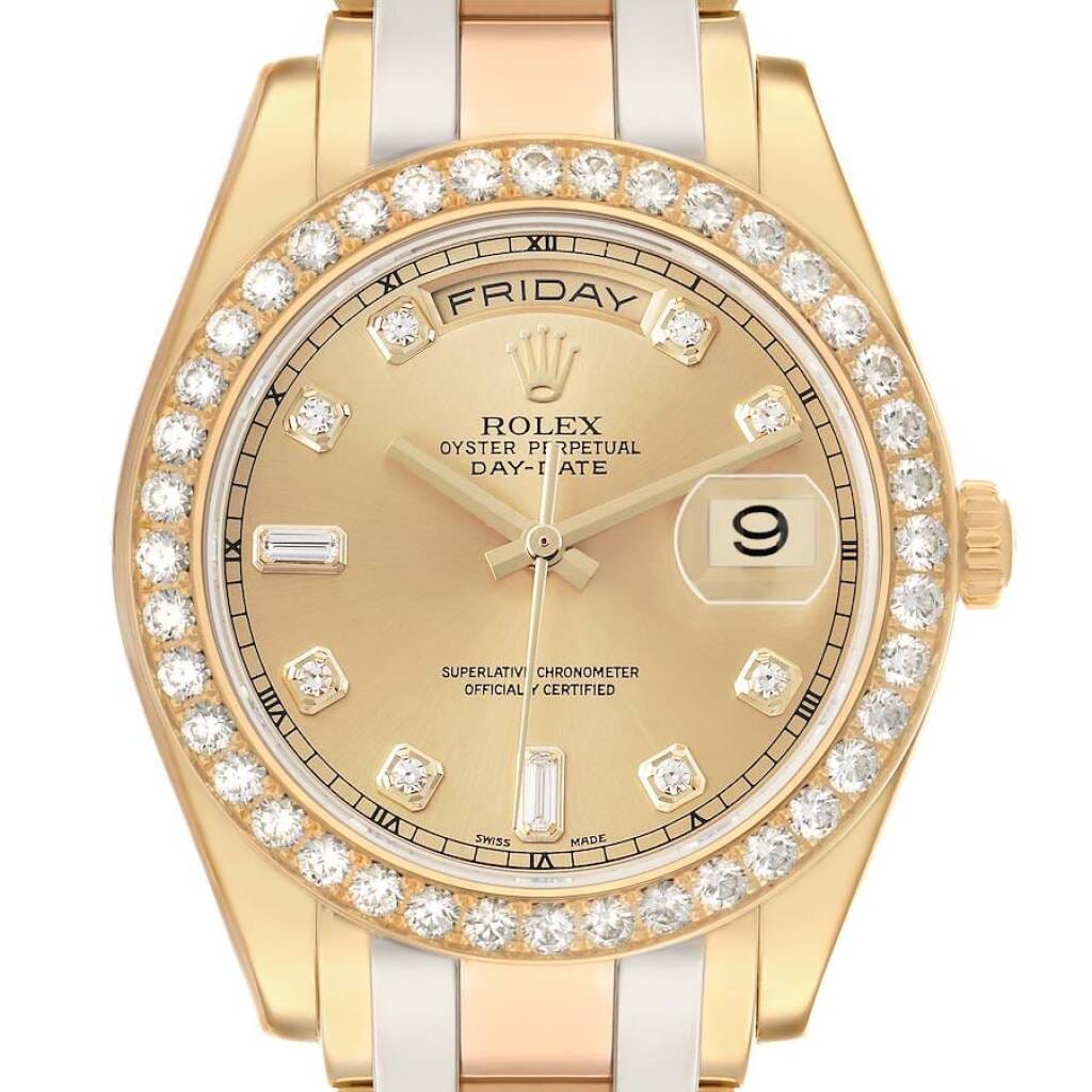 Pearlmaster Day-Date Tridor (Reference 18948). A 39mm yellow, white, and rose gold diamond-set automatic wristwatch with date and date. 2015