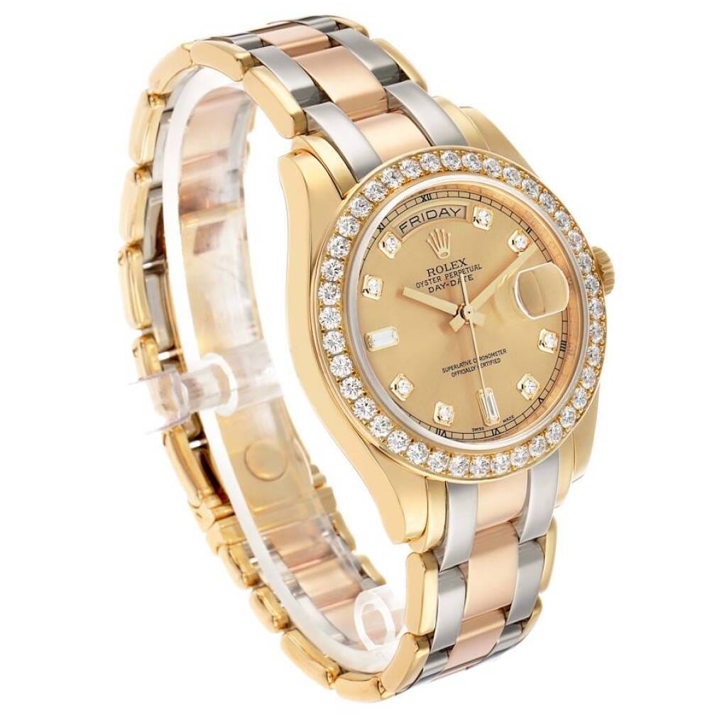 Pearlmaster Day-Date Tridor (Reference 18948). A 39mm yellow, white, and rose gold diamond-set automatic wristwatch with date and date. 2015