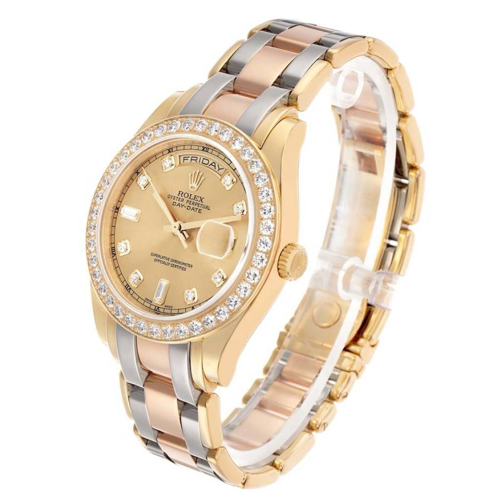 Pearlmaster Day-Date Tridor (Reference 18948). A 39mm yellow, white, and rose gold diamond-set automatic wristwatch with date and date. 2015
