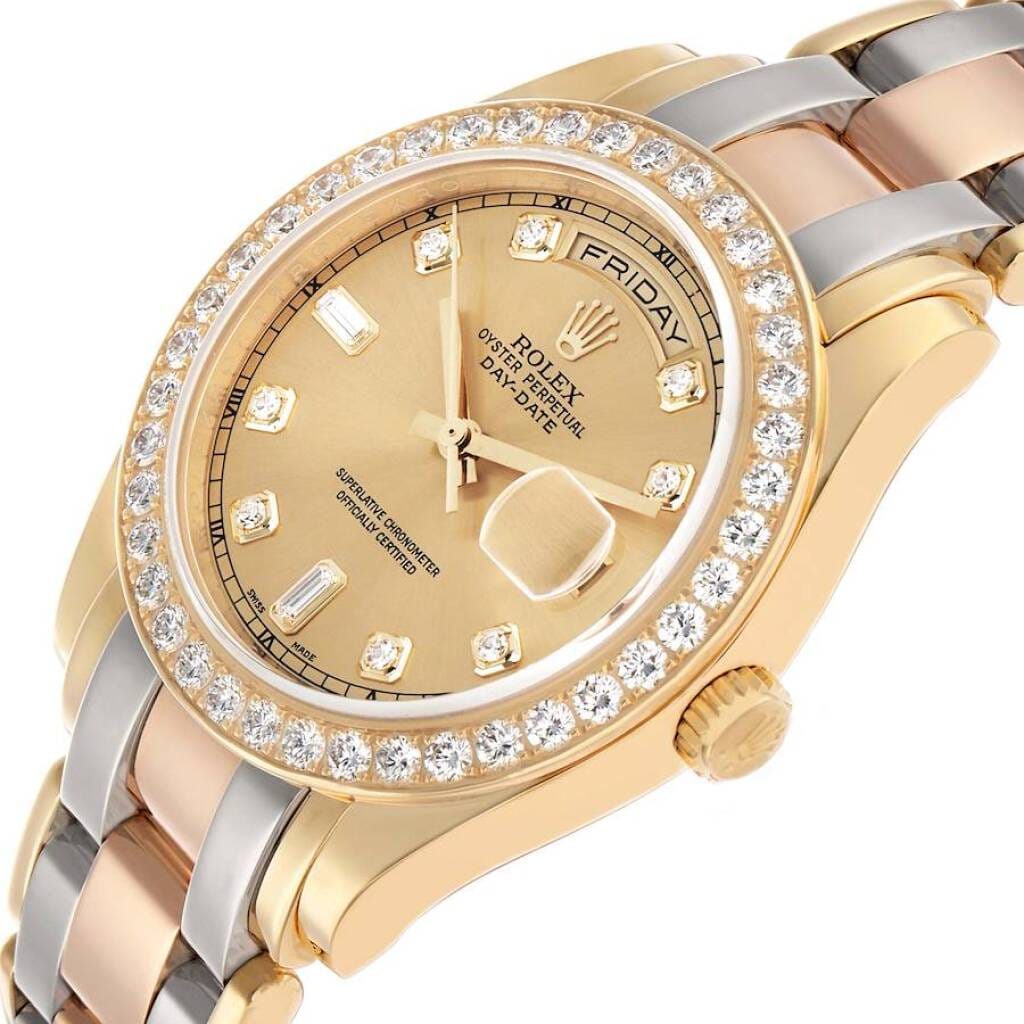 Pearlmaster Day-Date Tridor (Reference 18948). A 39mm yellow, white, and rose gold diamond-set automatic wristwatch with date and date. 2015
