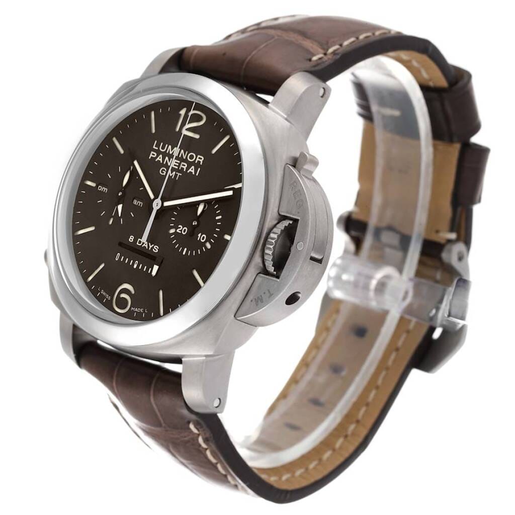 Luminor 8 Day Monopulsante Chrono (Reference PAM00311). A 44mm titanium manual wristwatch with chronograph, day/night indicator, GMT, and power reserve.