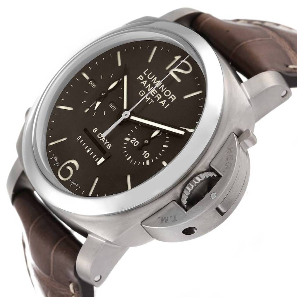 Luminor 8 Day Monopulsante Chrono (Reference PAM00311). A 44mm titanium manual wristwatch with chronograph, day/night indicator, GMT, and power reserve.