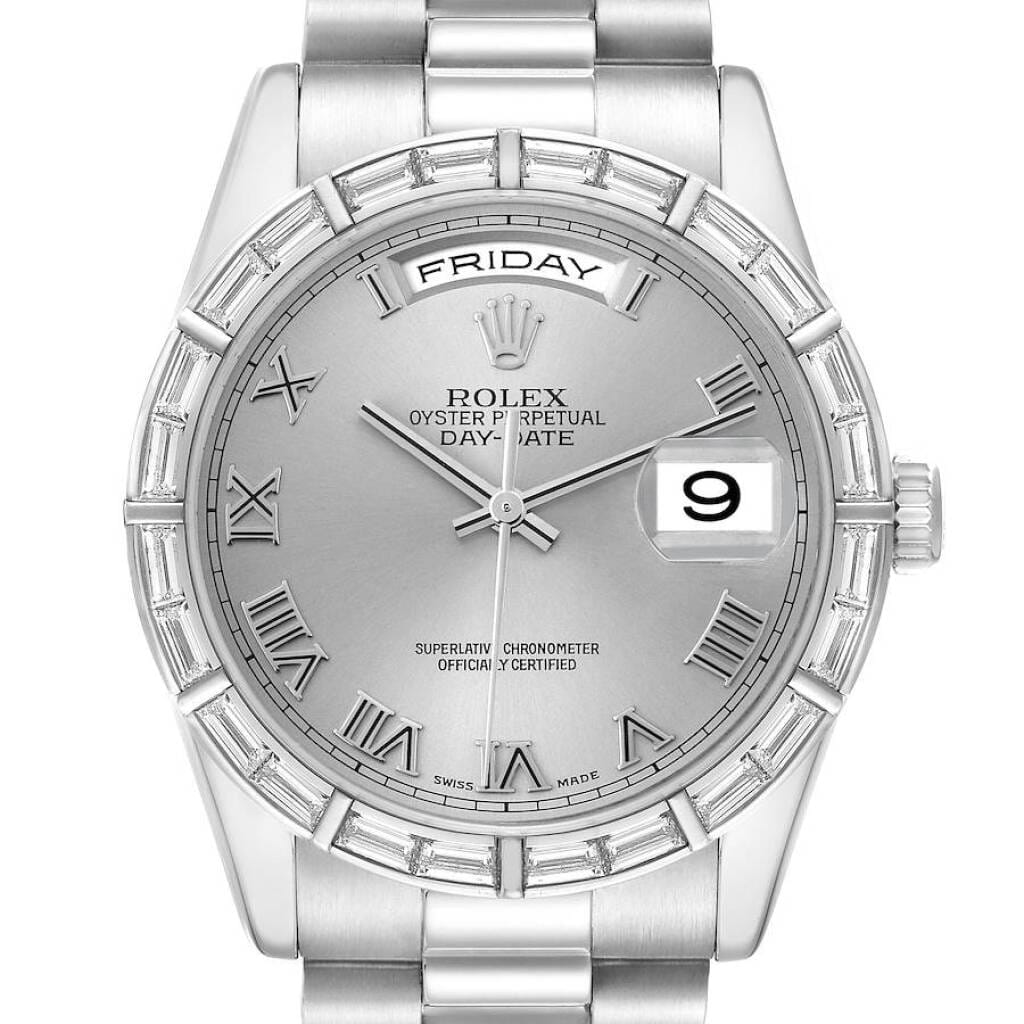 President Day-Date (Reference 118366). A 36mm platinum diamond-set automatic wristwatch with date and day. 2000-2001