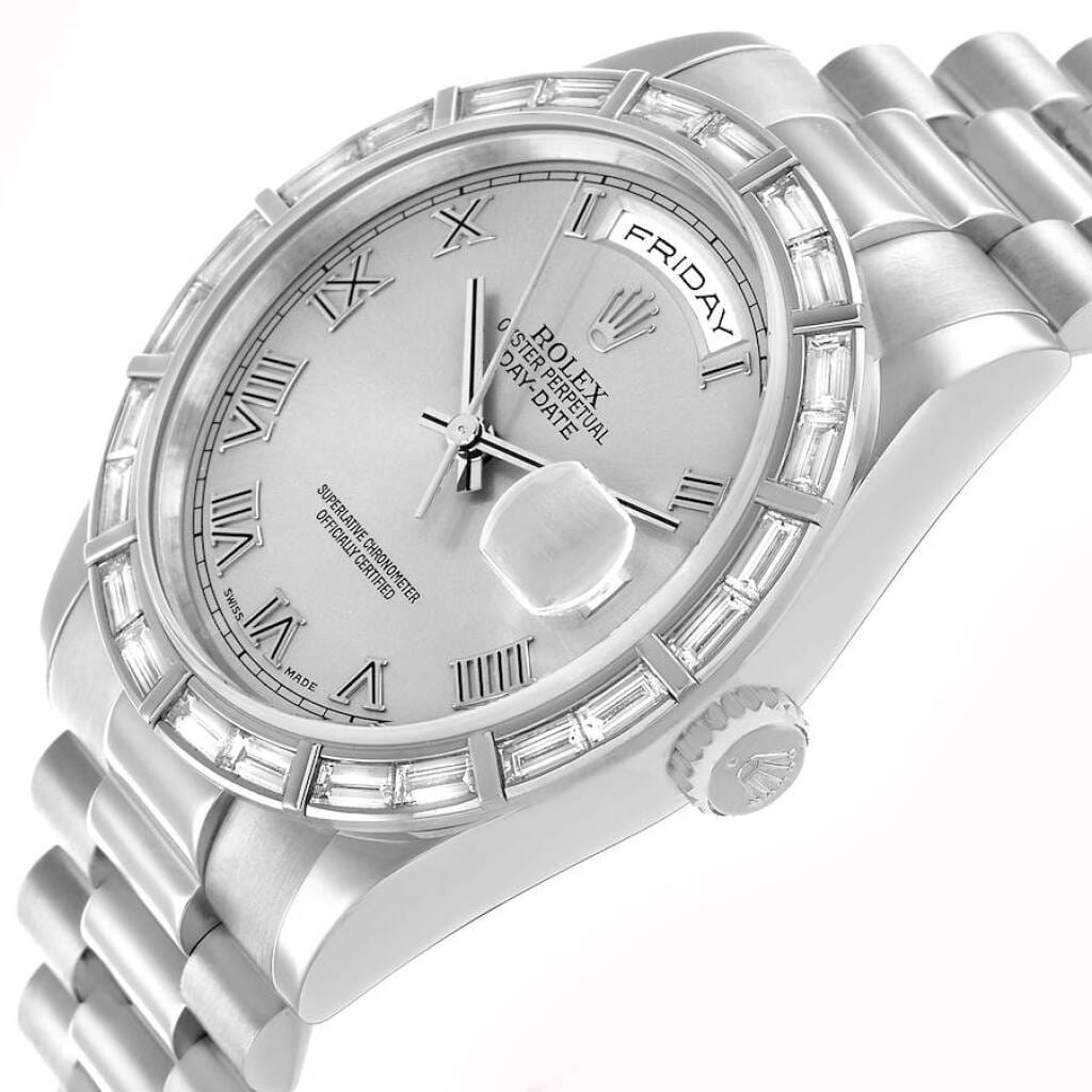 President Day-Date (Reference 118366). A 36mm platinum diamond-set automatic wristwatch with date and day. 2000-2001