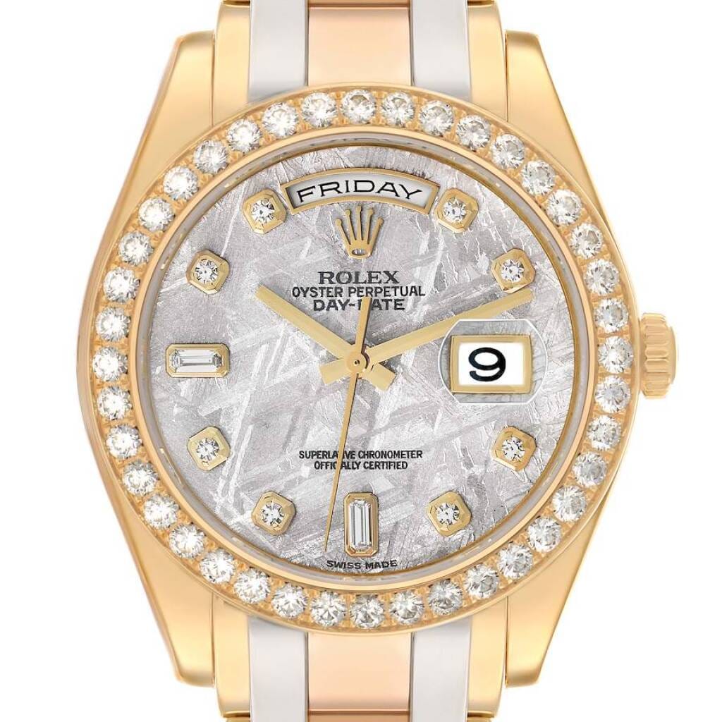 Day-Date Meteorite Dial (Reference 18948). A 39mm yellow, white, and rose gold diamond-set automatic wristwatch with date and day. 2008-2009