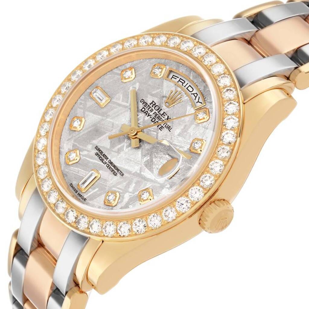 Day-Date Meteorite Dial (Reference 18948). A 39mm yellow, white, and rose gold diamond-set automatic wristwatch with date and day. 2008-2009