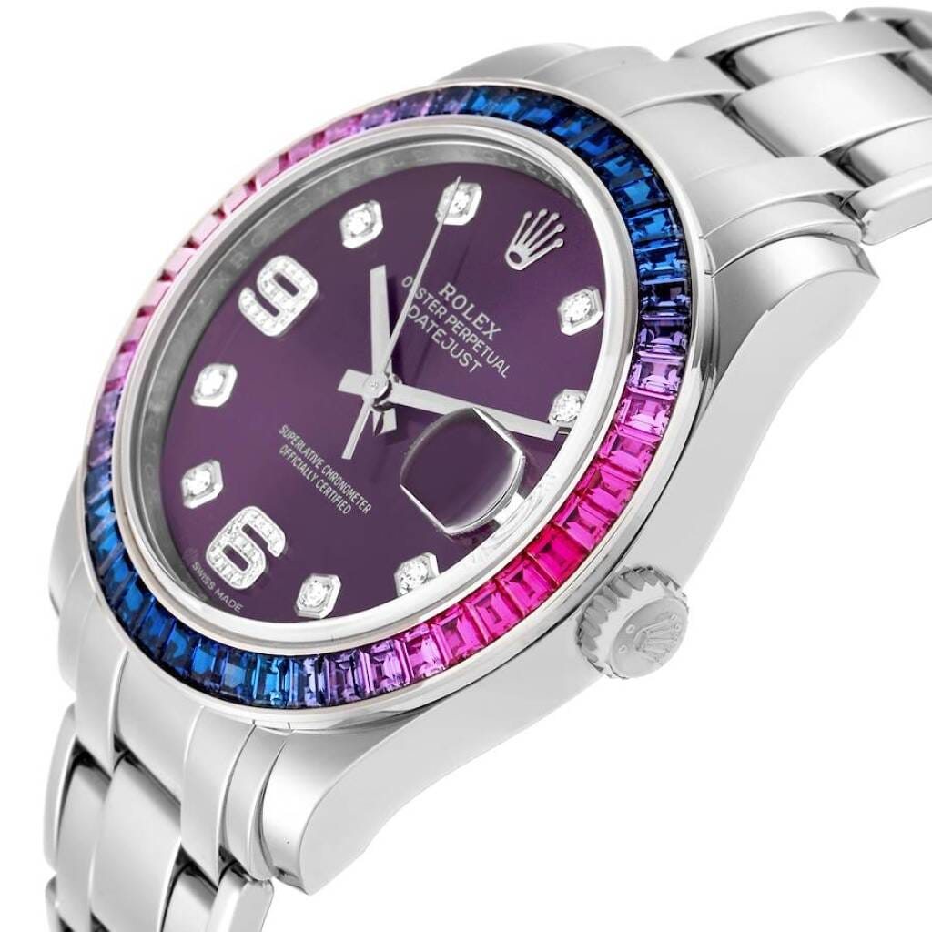 Pearlmaster (Reference 86349). A 39mm white gold diamond and sapphire gem set automatic wristwatch with date.