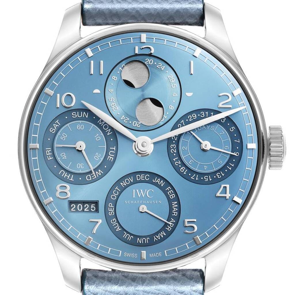 Portuguese (Reference IW503703). A 44mm white gold automatic wristwatch with date, day, month, moon phase, year, power reserve, and perpetual calendar. 2025