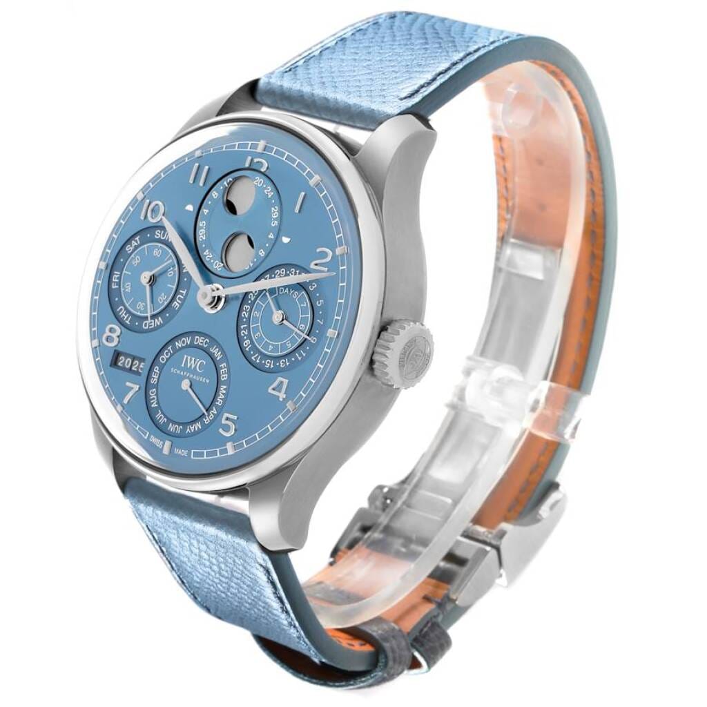 Portuguese (Reference IW503703). A 44mm white gold automatic wristwatch with date, day, month, moon phase, year, power reserve, and perpetual calendar. 2025