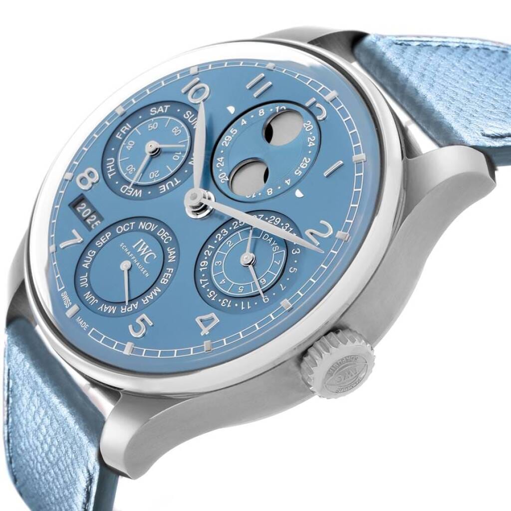 Portuguese (Reference IW503703). A 44mm white gold automatic wristwatch with date, day, month, moon phase, year, power reserve, and perpetual calendar. 2025