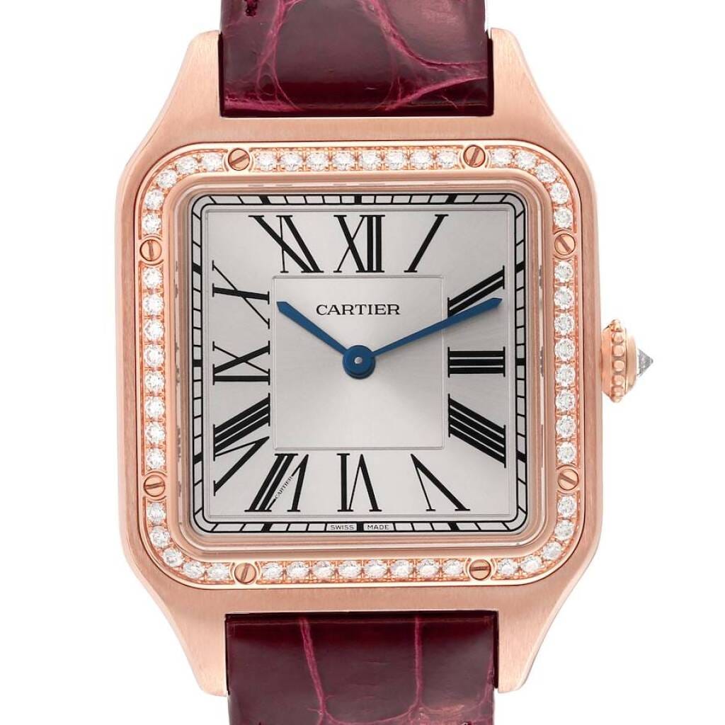 Santos Dumont Large (Reference WJSA0016). A 43.5mm rose gold diamond set quartz wristwatch.