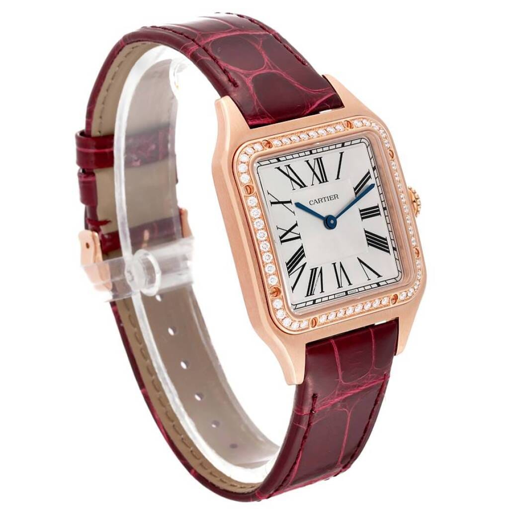 Santos Dumont Large (Reference WJSA0016). A 43.5mm rose gold diamond set quartz wristwatch.