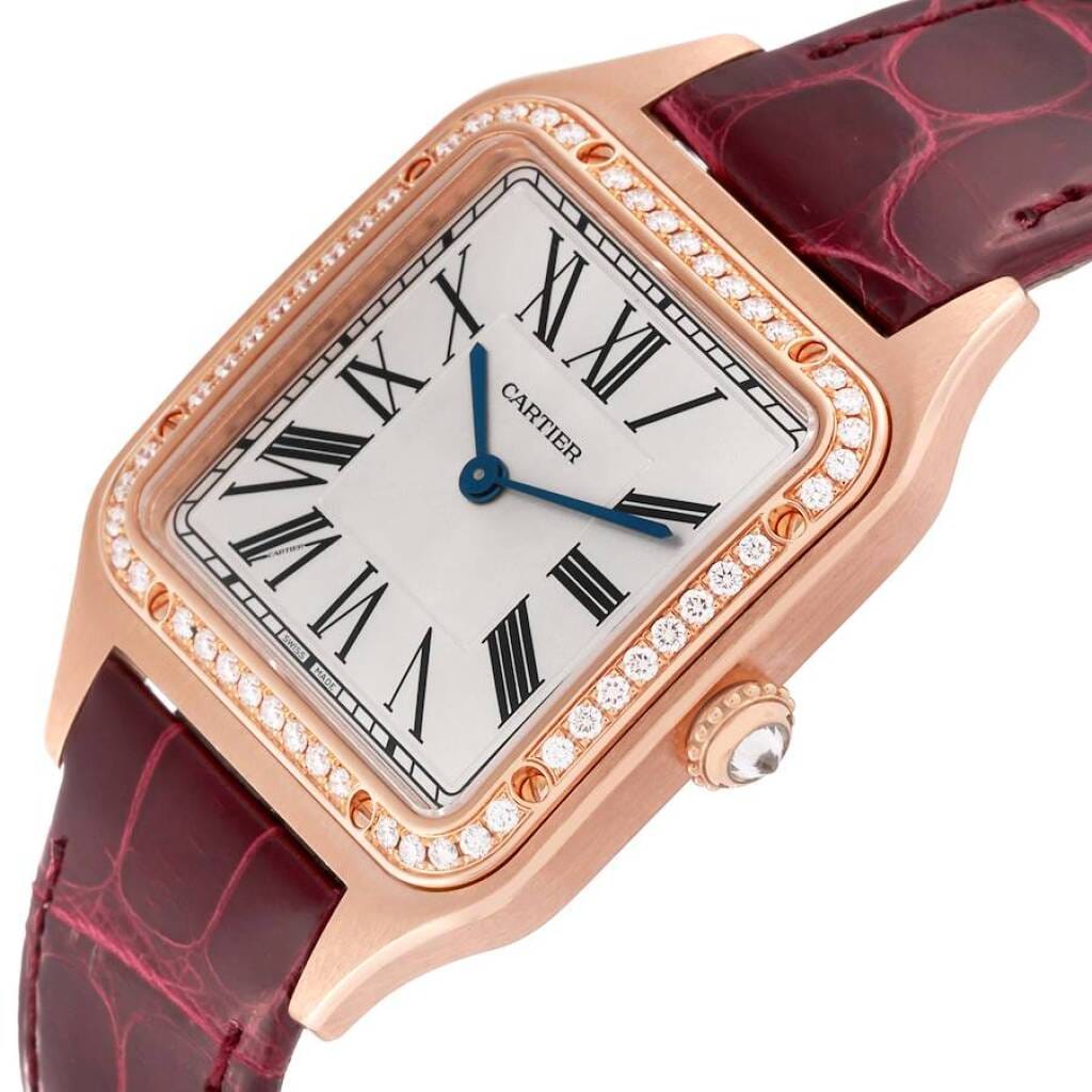 Santos Dumont Large (Reference WJSA0016). A 43.5mm rose gold diamond set quartz wristwatch.