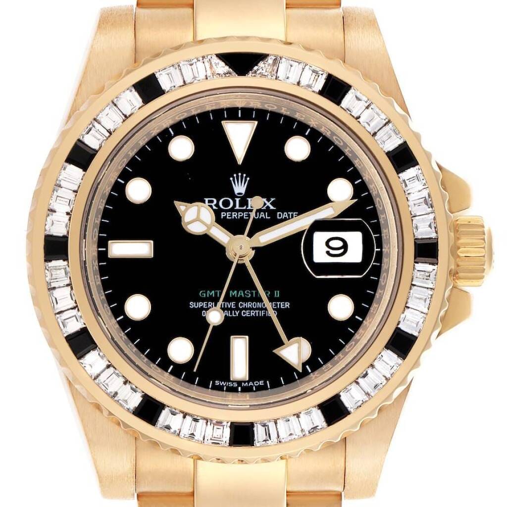 GMT-Master II (Reference 116748SANR). A 40mm yellow gold diamond sapphire-set automatic wristwatch with date. 2006-2007