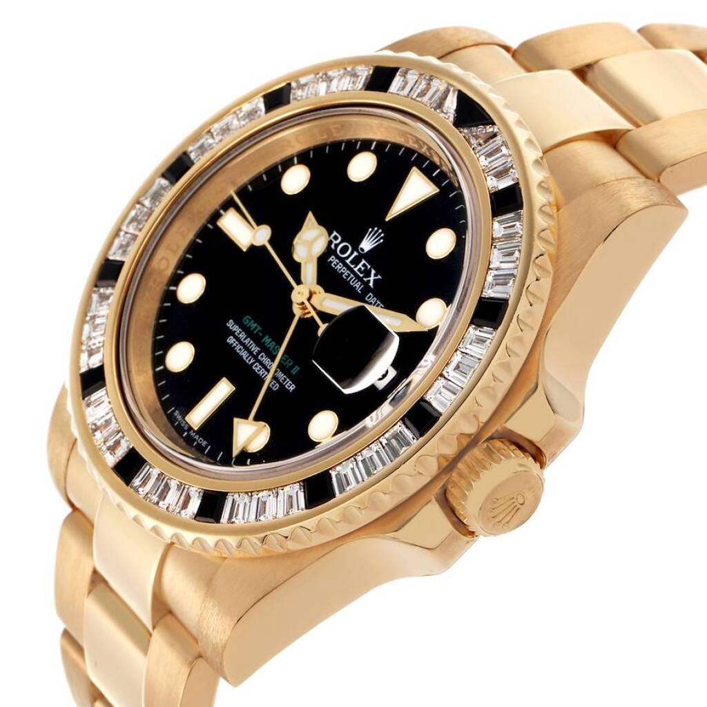 GMT-Master II (Reference 116748SANR). A 40mm yellow gold diamond sapphire-set automatic wristwatch with date. 2006-2007
