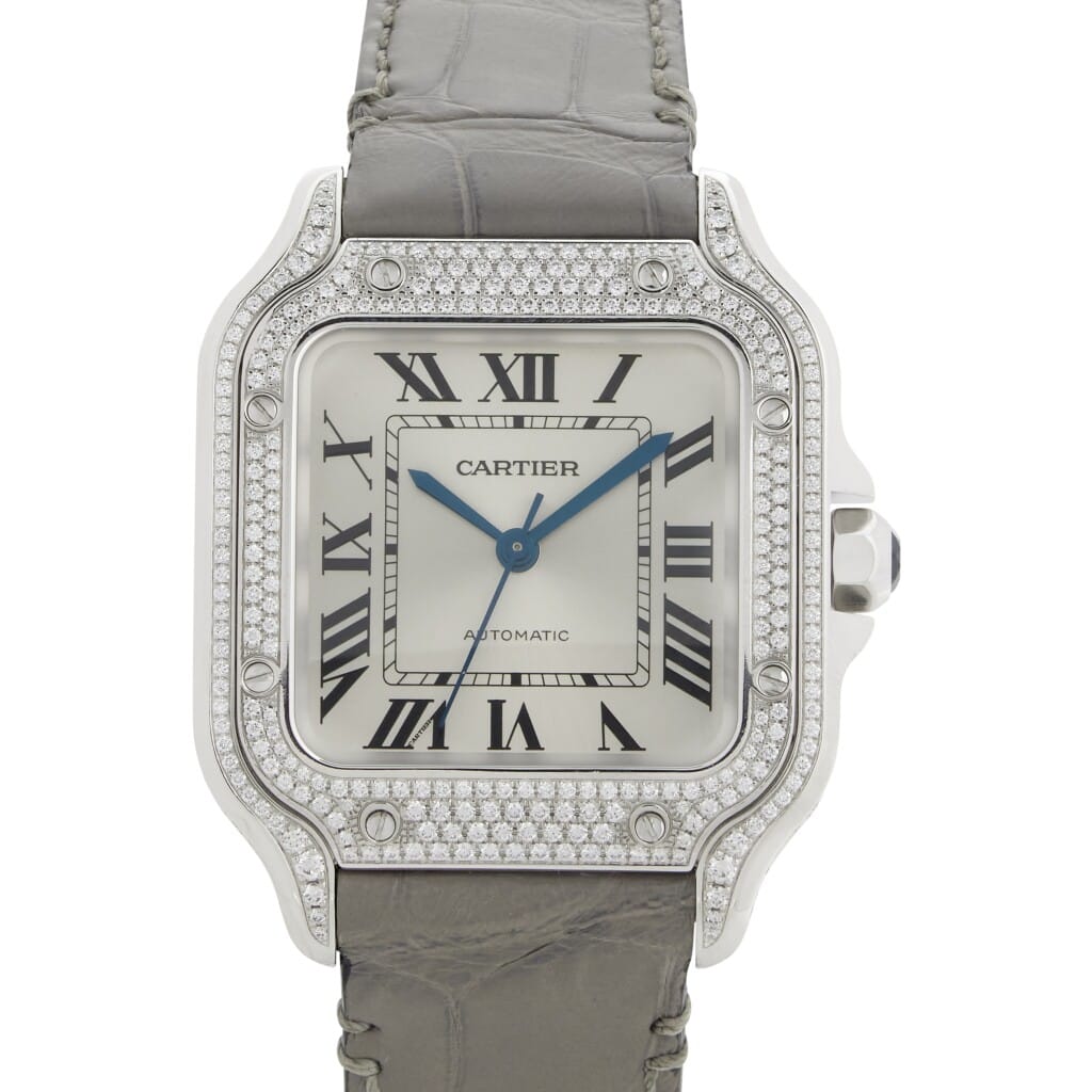 Santos de Cartier Medium (Reference WJSA0014). A 35.1mm white gold diamond set automatic wristwatch.