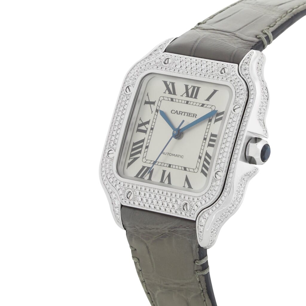Santos de Cartier Medium (Reference WJSA0014). A 35.1mm white gold diamond set automatic wristwatch.