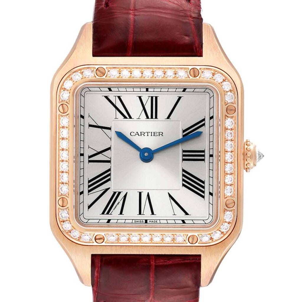 Santos Dumont Small (Reference WJSA0017). A 27.5mm rose gold diamond-set quartz wristwatch.