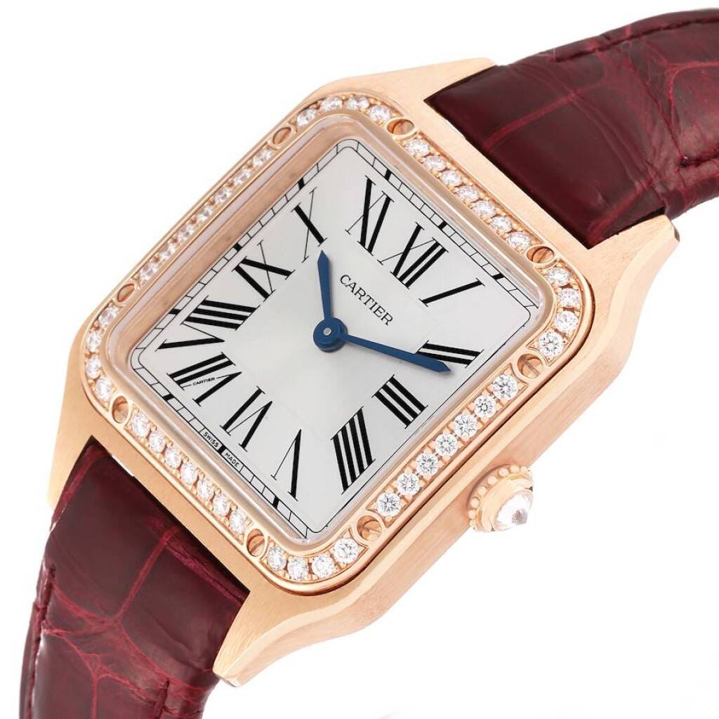 Santos Dumont Small (Reference WJSA0017). A 27.5mm rose gold diamond-set quartz wristwatch.