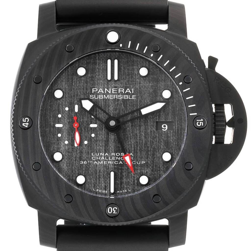 Submersible Luna Rossa (Reference PAM01039). A 47mm black carbotech automatic wristwatch with date and dual time.