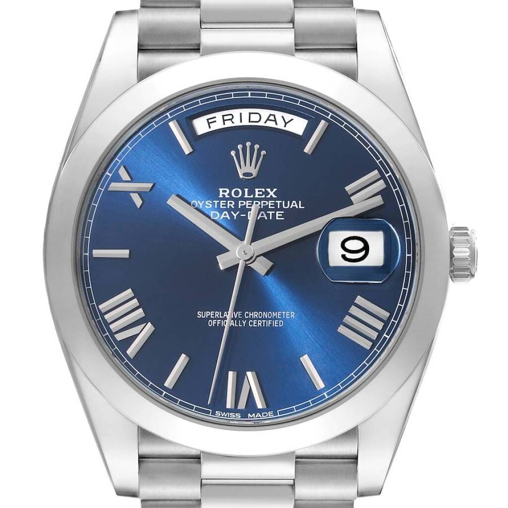 President Day-Date (Reference 228206). A 40mm platinum automatic wristwatch with day and date.