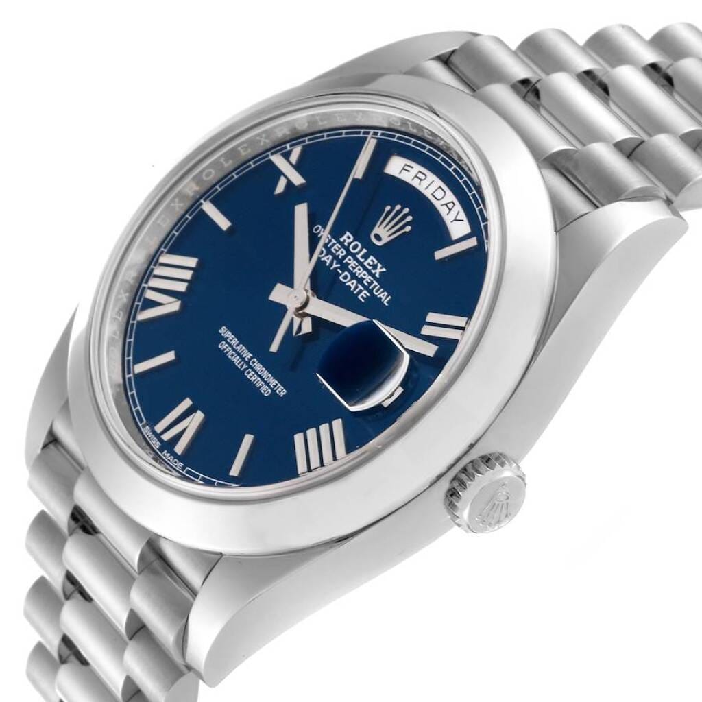 President Day-Date (Reference 228206). A 40mm platinum automatic wristwatch with day and date.