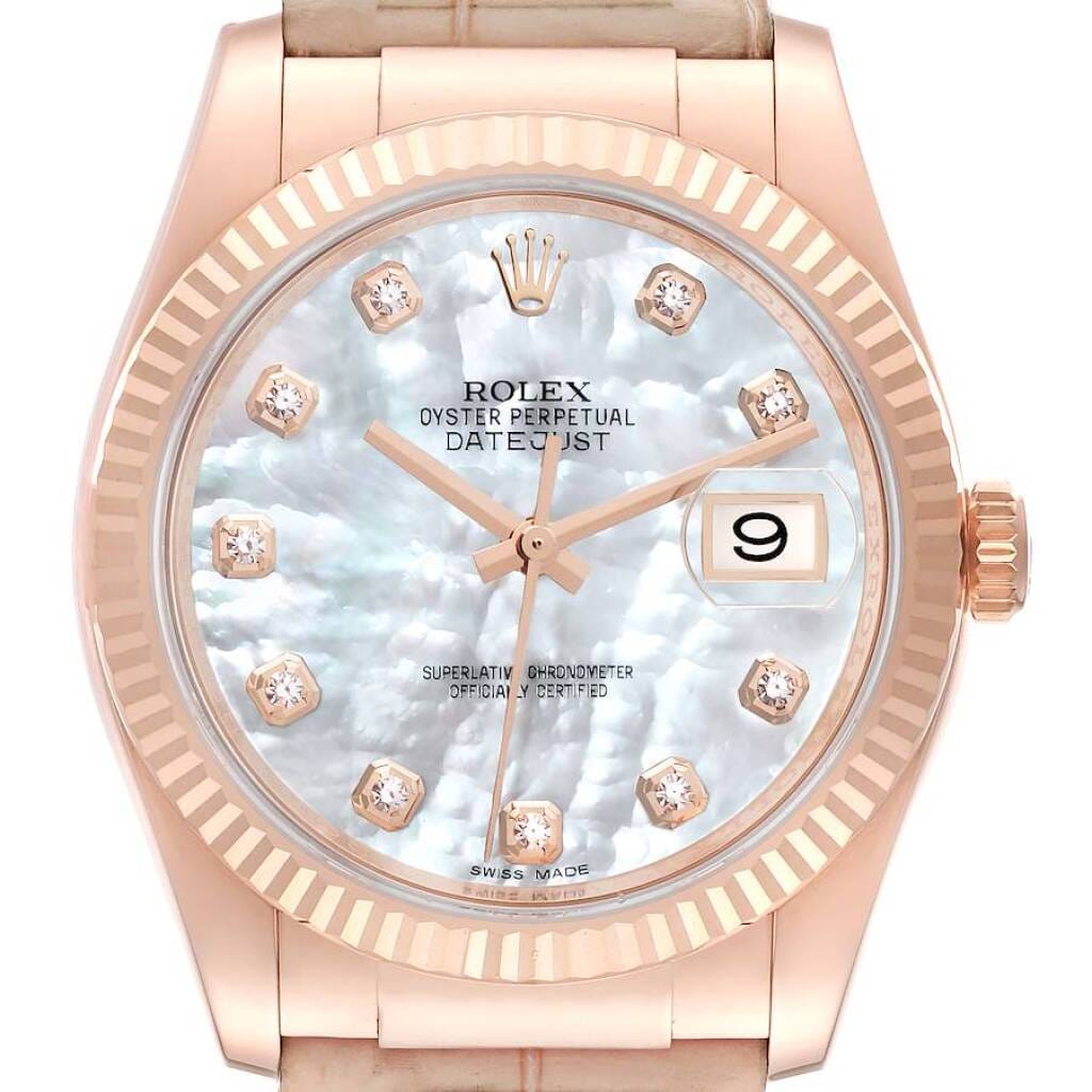 Datejust (Reference 116135). A 36mm rose gold diamond-set automatic wristwatch with date.