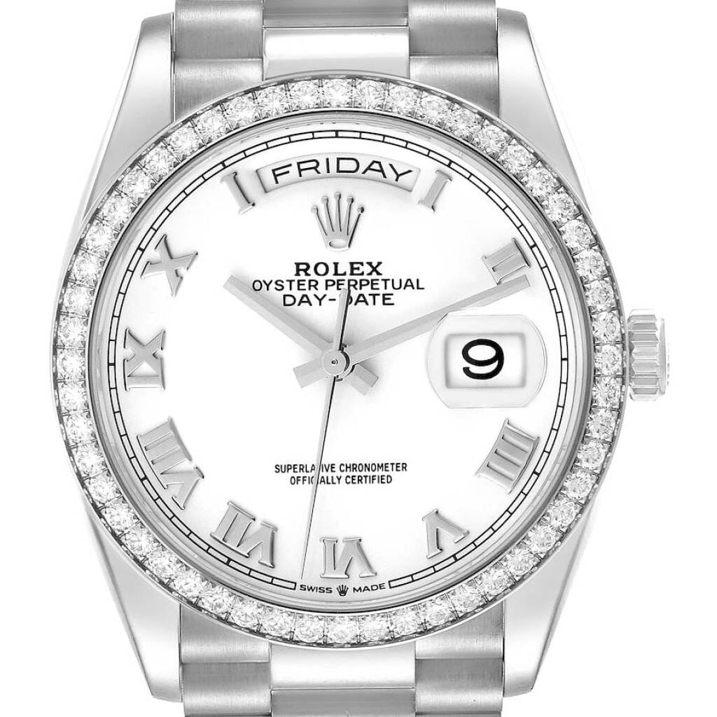 President Day-Date (Reference 128349). A 36mm white gold diamond-set automatic wristwatch with date and day. 2021