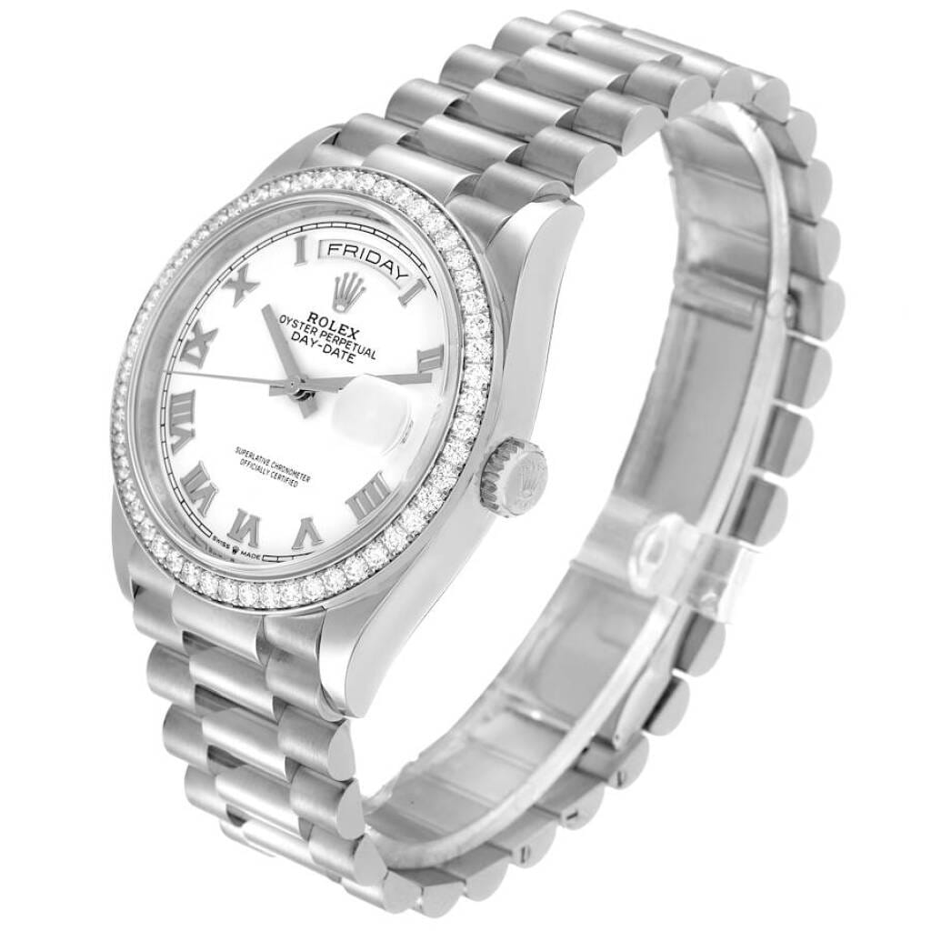 President Day-Date (Reference 128349). A 36mm white gold diamond-set automatic wristwatch with date and day. 2021