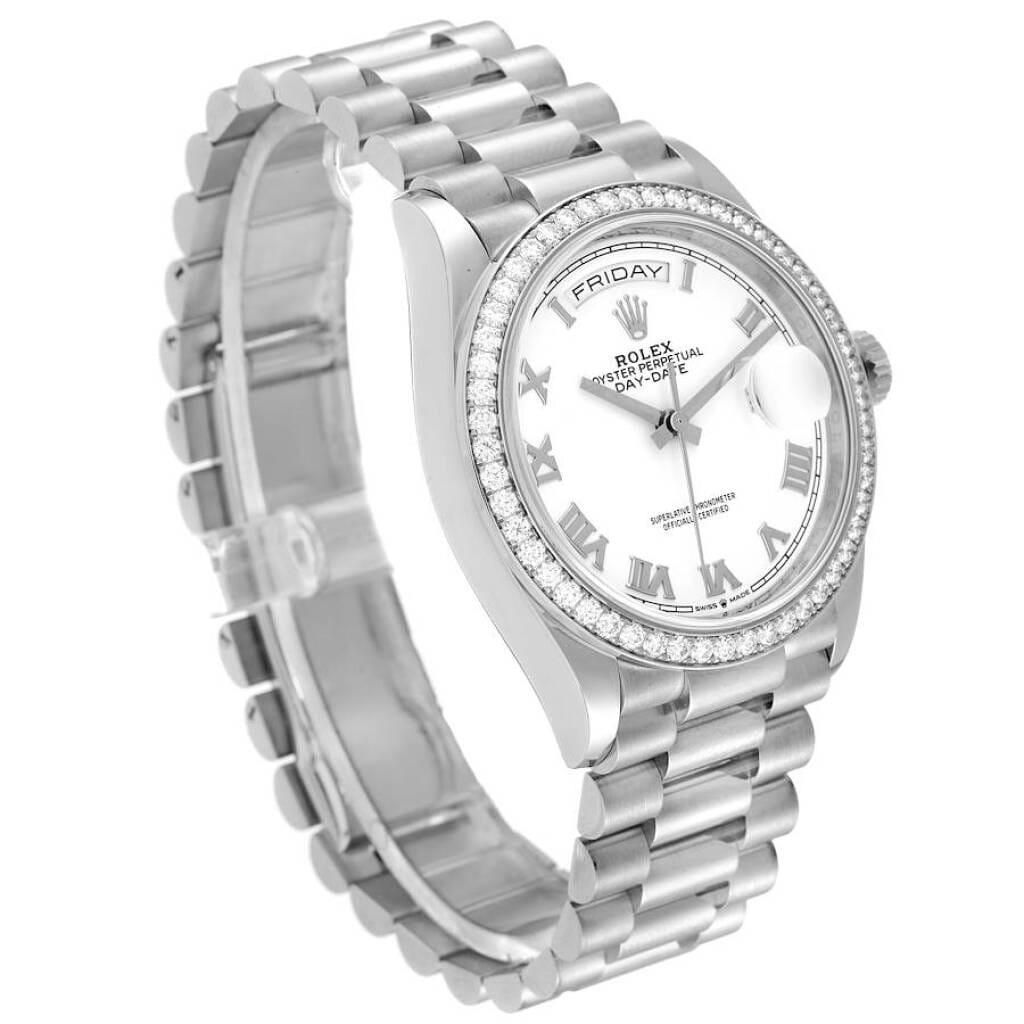President Day-Date (Reference 128349). A 36mm white gold diamond-set automatic wristwatch with date and day. 2021
