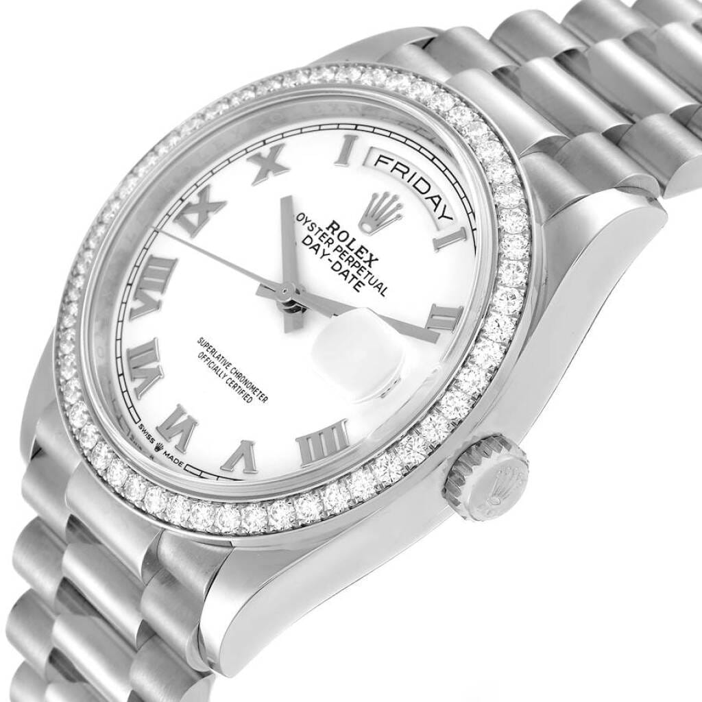 President Day-Date (Reference 128349). A 36mm white gold diamond-set automatic wristwatch with date and day. 2021
