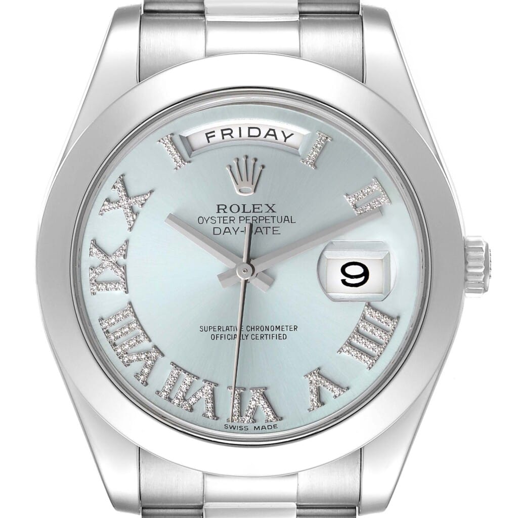 Day-Date II 'Ice Blue' Roman (Reference 218206). A 41mm platinum diamond set automatic wristwatch with day and date. 2012