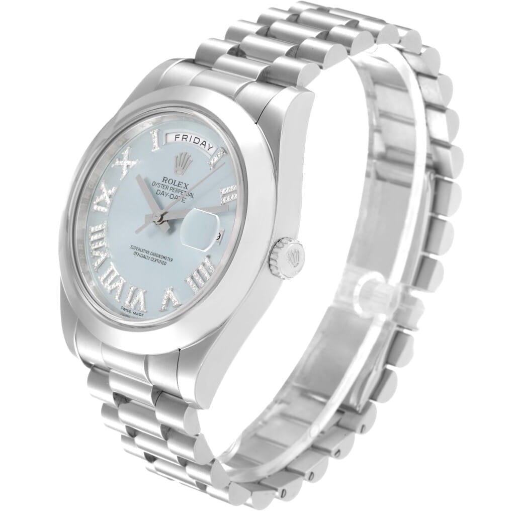 Day-Date II 'Ice Blue' Roman (Reference 218206). A 41mm platinum diamond set automatic wristwatch with day and date. 2012