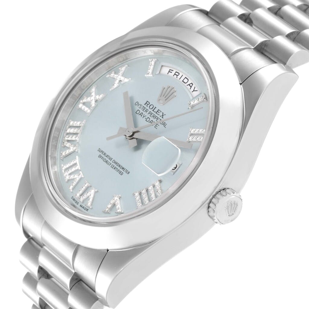Day-Date II 'Ice Blue' Roman (Reference 218206). A 41mm platinum diamond set automatic wristwatch with day and date. 2012