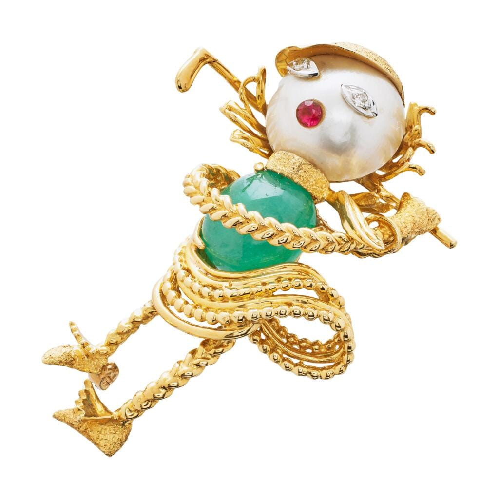 Vintage Gold, Emerald, Mabé Pearl, Ruby and Diamond Golfer Brooch