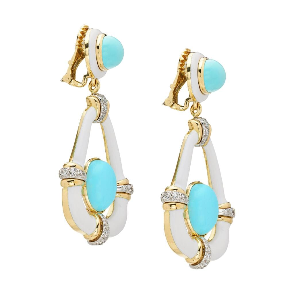 Gold, Platinum, Turquoise, Diamond and Enamel Long Swing Drop Earclips