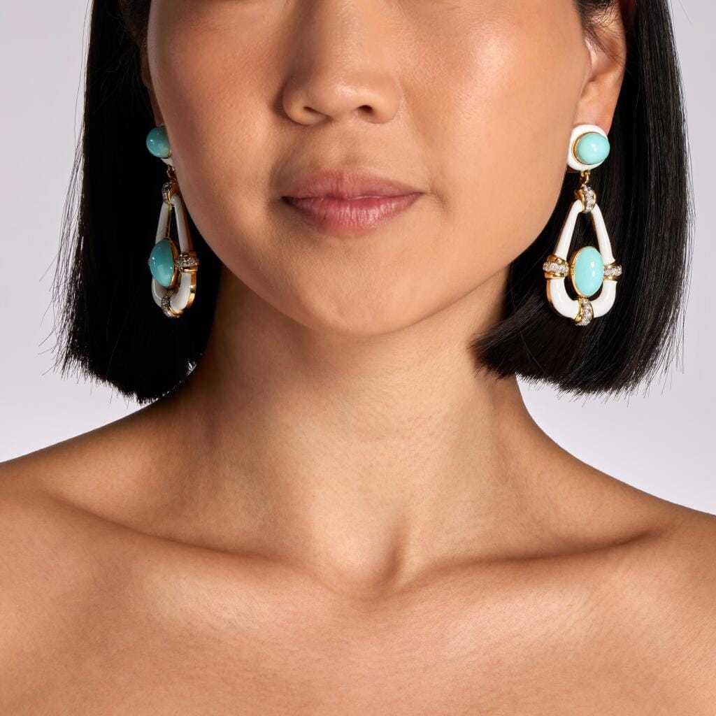 Gold, Platinum, Turquoise, Diamond and Enamel Long Swing Drop Earclips