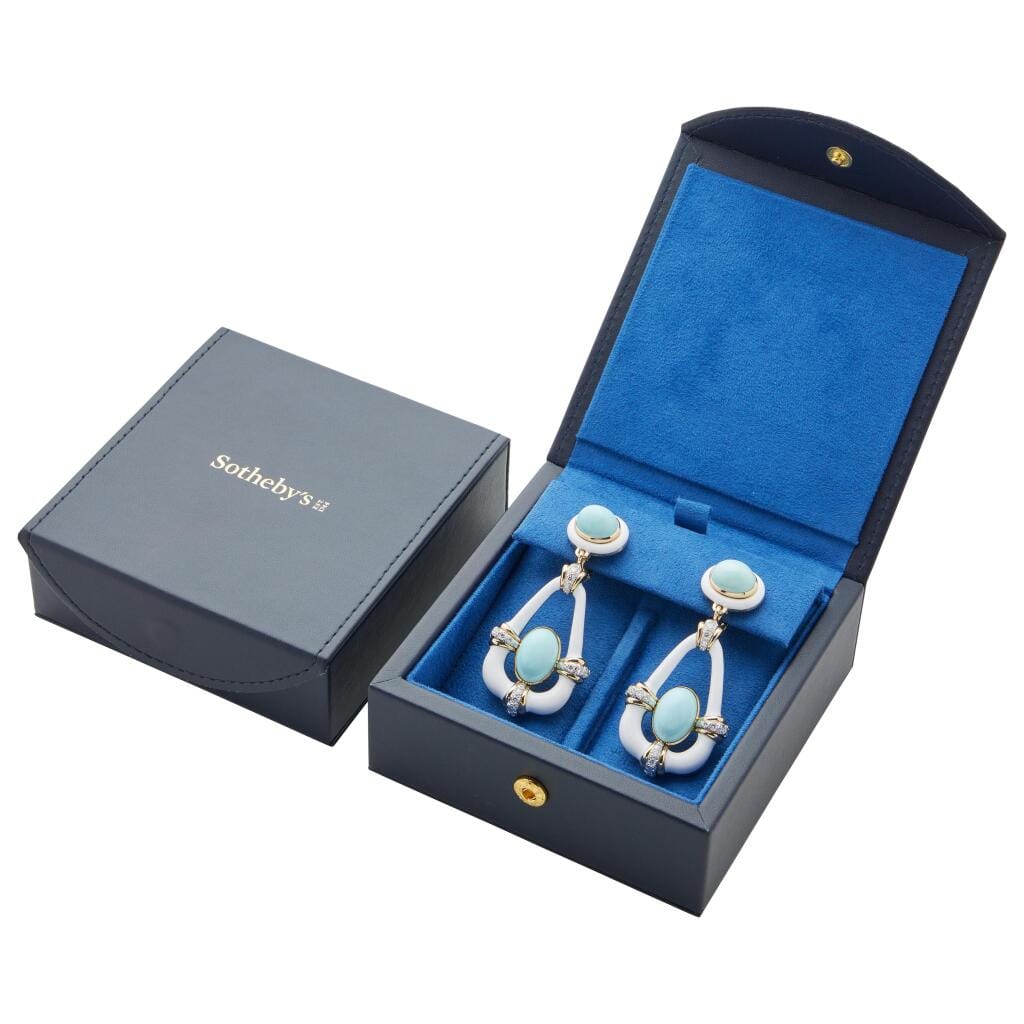 Gold, Platinum, Turquoise, Diamond and Enamel Long Swing Drop Earclips