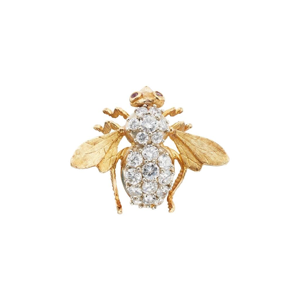 Vintage Gold, White Gold, Diamond and Ruby Bee Brooch