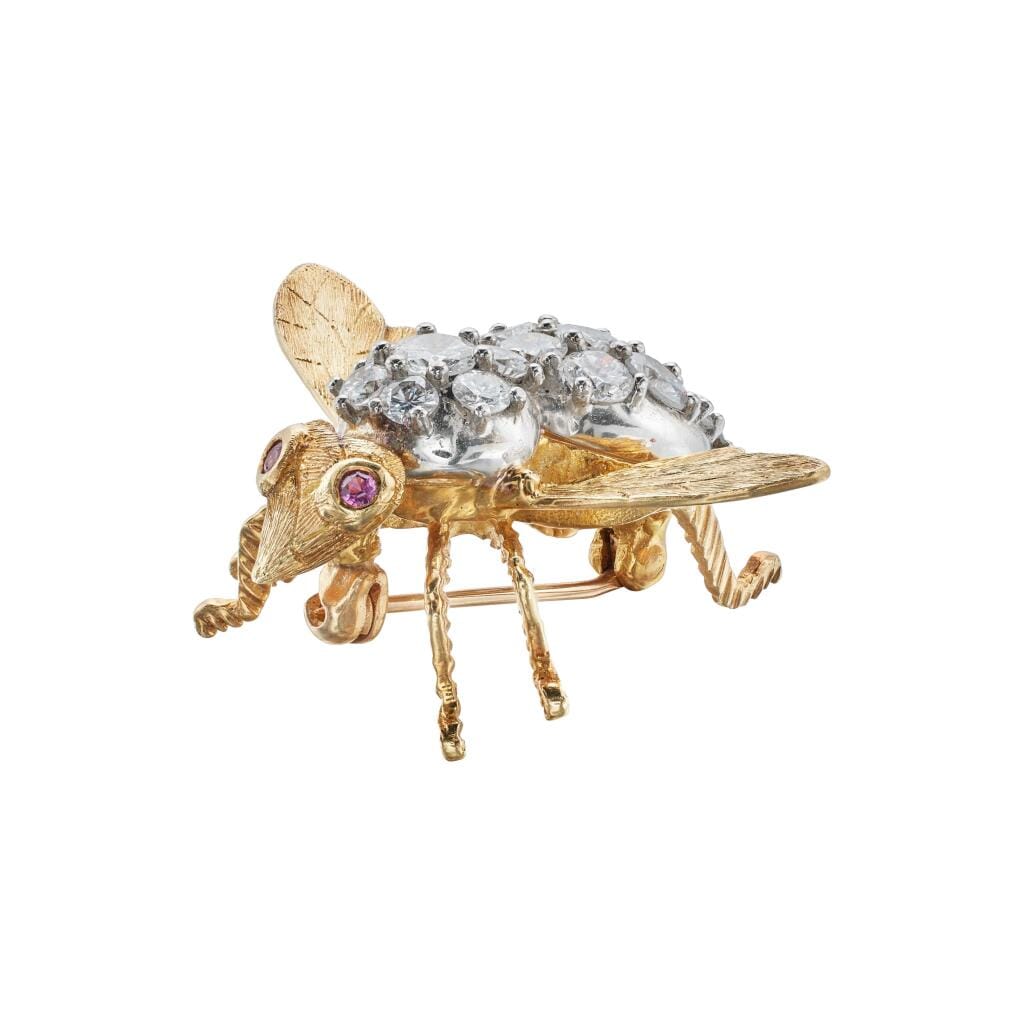 Vintage Gold, White Gold, Diamond and Ruby Bee Brooch