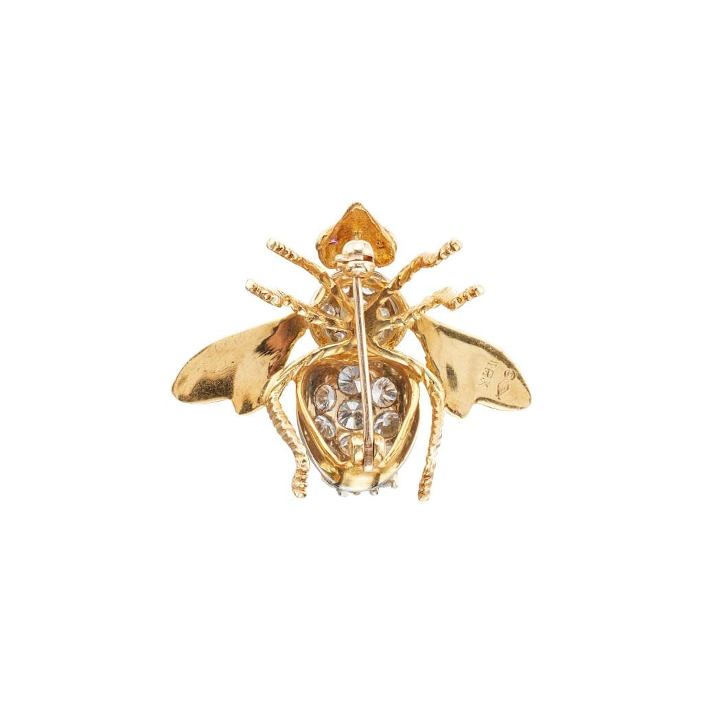 Vintage Gold, White Gold, Diamond and Ruby Bee Brooch
