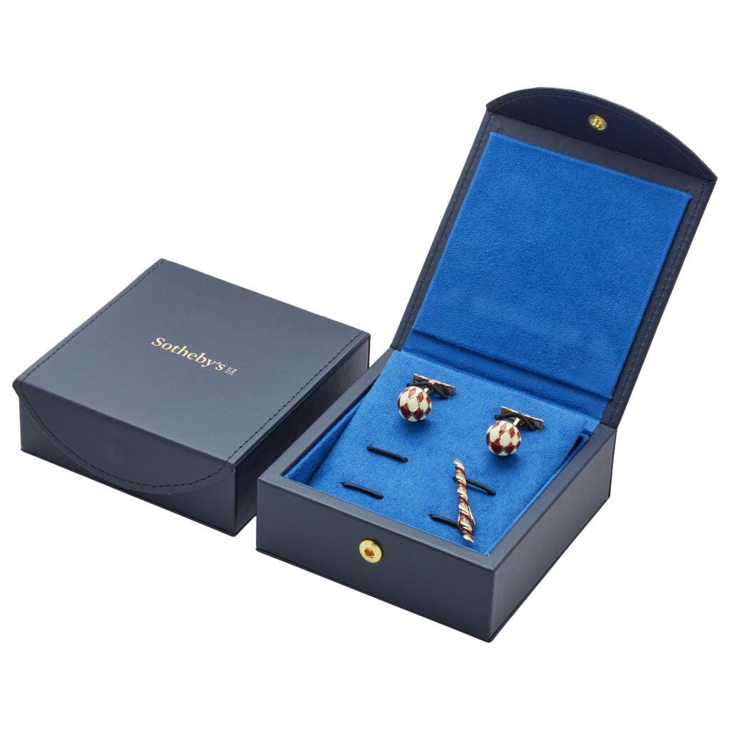 Gold and Enamel Tie Bar and Cufflinks Set