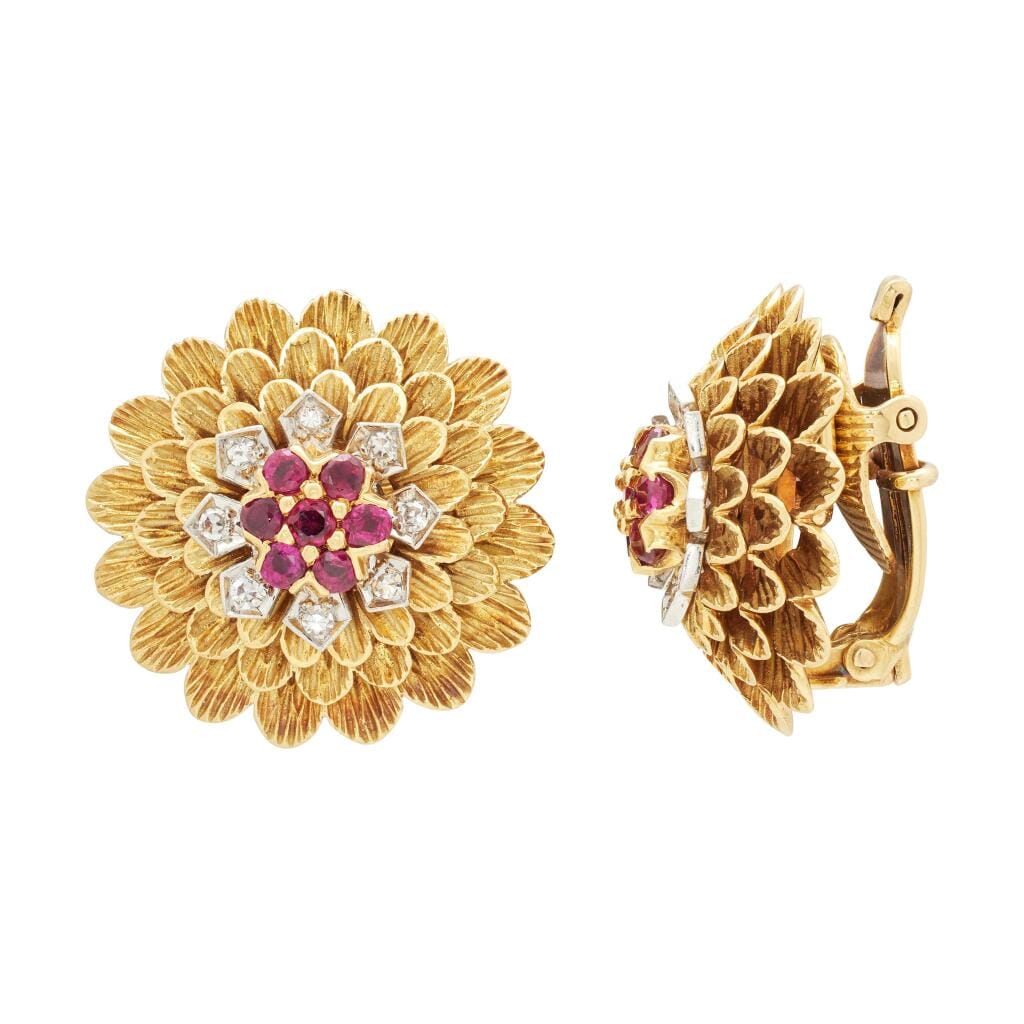 Vintage Gold, Platinum, Ruby and Diamond Floral Earclips