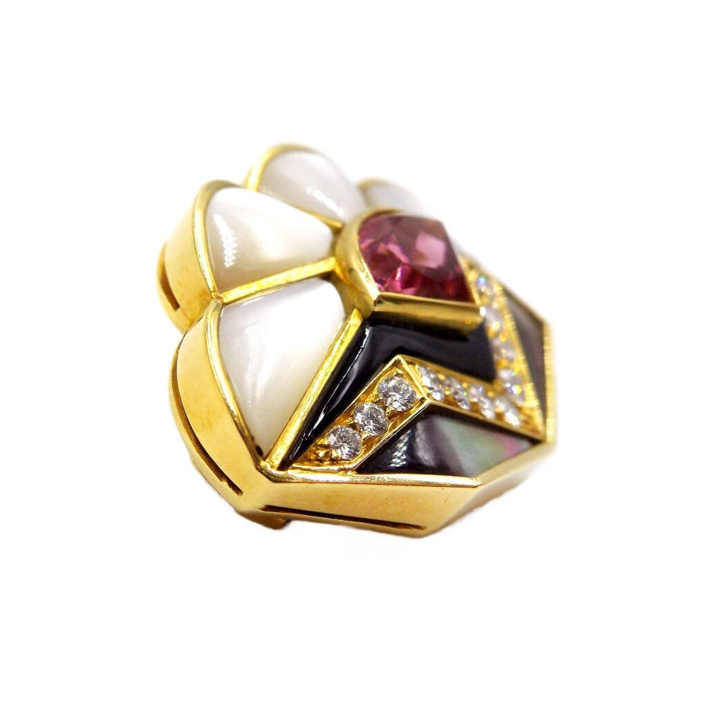 Gold, Pink Tourmaline, Mother of Pearl, Black Lacquer and Diamond Brooch